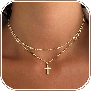 Remmocy Cross Necklace for Women Dainty 14K Gold/Silver Plated Sideways Cross Necklace Non Tarnish Trendy Gold/Silver Small C
