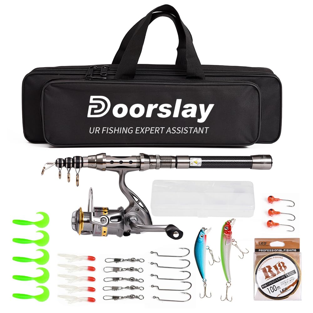 Doorslay Fishing Rod and Reel Combos, Carbon Fiber Fishing Pole Combo Set, Telescopic Rods Spinning Reels Lures Set with Carrier Bag for Freshwater Saltwater Kit Fishing Gifts for Men Women