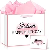Yomaiha Pink 16th Birthday Gift Bag with Tissue Paper and Greeting Card, Sweet 16 Year Happy Birthday Gift Bag Pink Sxiteen Wrapping Paper for 16th Girls Daughter Granddaughter Friends Party Supplies