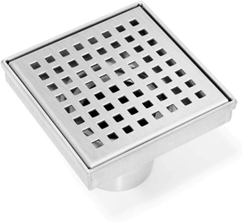 Bronstarz 4 Inch Square Shower Floor Drain with Removable Center Quadrato Pattern Grate for Bathroom and Kitchen, Made of 100% Rustproof Stainless Steel with Brushed Finish, Kit Includes Hair Strainer