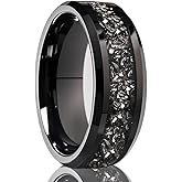 Concept Knight Black Tungsten Carbide Rings for Men and Women 8mm Flat Inlaid Meteorite Fragments Men's Engagement Wedding Bands High Polished Comfortable Wear