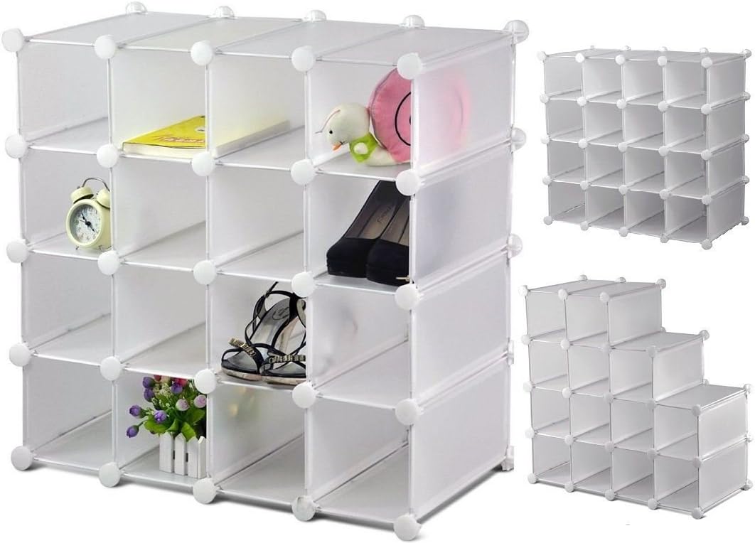 New White 16 Pairs Interlocking Shoe Organizer Storage Rack Cubes Boxes