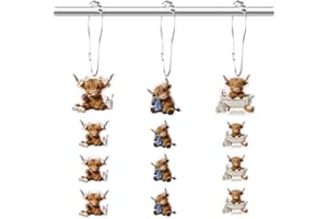 INCREWAY 12Pcs Highland Cow Shower Curtain Hooks, Rustic Farmhouse Hooks with Fluffy Cow Head Design, Decorative Bathroom Rin