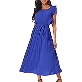 Seta T Women's Pleated Dress Summer Casual Ruffle Flutter Sleeve Crewneck Tie Waist Flowy Midi Dresses