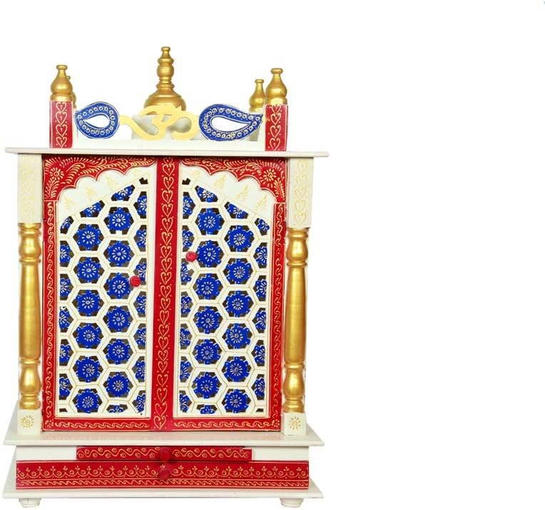 Jodhpur Handicrafts Wooden Home Temple with LED Bulb and Pooja Thali and God Photo Frame