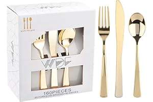 WDF 160 Piece Gold Plastic Silverware - Heavy Duty Gold Silverware Includes 80 Forks, 40 Spoons, 40 Knives, Plastic Utensils Perfect for Wedding, Christmas Party