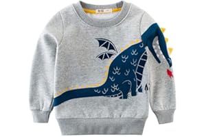 POPSHION Toddler Boys Sweatshirts Dinosaur Long Sleeve Pullover Crewneck Shirts Cartoon Tee Sport Tops for Kids 1-8T