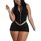 LovelyWholesale Women Zip Up Crop Tank Tops and Shorts Sets Sexy Summer 2 Piece Track Suits Outfits