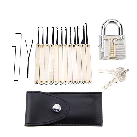 Dyna-Living 20-teiliges Lockpicking-Set mit Transparentem Vorhängeschloss & Dietrich Kit im Kreditkartenformat für Anfänger &