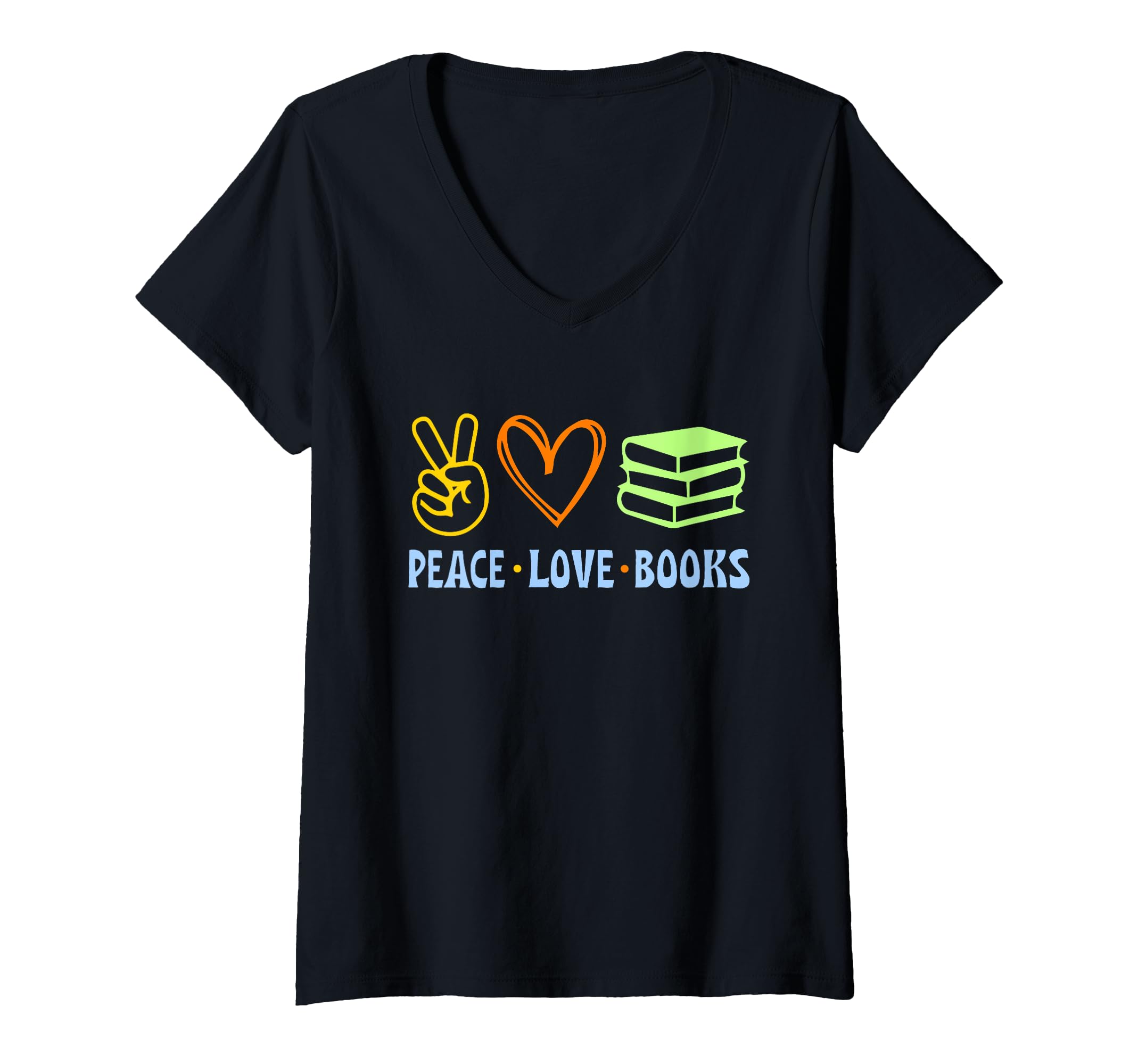 Womens Peace Love Books Symbols Reading Quote Book Lover V-Neck T-Shirt