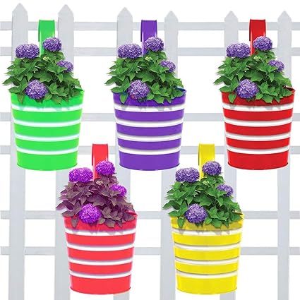 Wondrous Metal Hanging Planters With Detachable Hooks, Red,Green,Blue,Pink,Yellow, 15*15*29 cm, Pack of 5