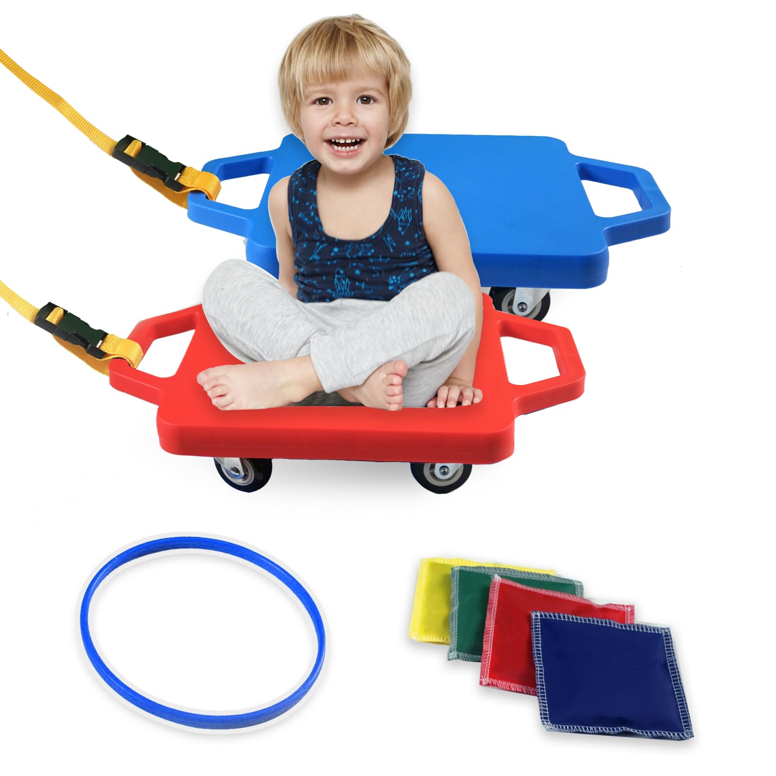 2 Plastic Scooter Boards with Handles for Kids Sitting and Sports Training, with 1 Ring, 2 Ropes and 4 Beanbags, Indoor and Outdoor Play