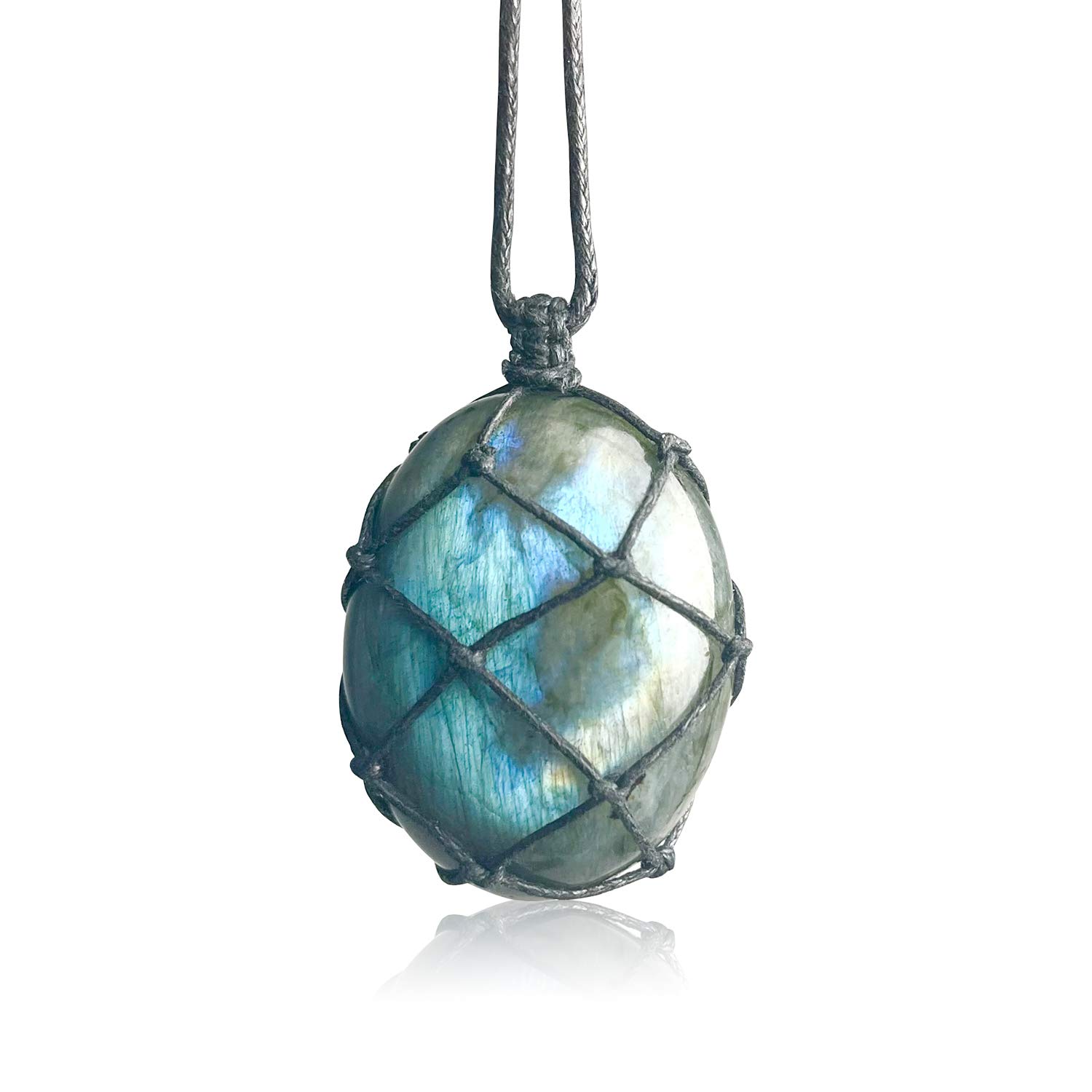 Spring.Rd Natural Labradorite Palm Stones Pendant Necklace with Adjustable Hand-Woven Rope Natural Labradorite Moonstone Raw Gemstone Healing Stone Pendant Men Women Necklace Jewelry