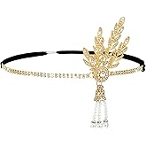 Yolev 1920's Flapper Headband Leaf Rhiestones Flapper Headpiece Pearl Tassel Head Bands Gold Headpiece Head Jewelry for Women Bride Wedding Parties Hair Accessories