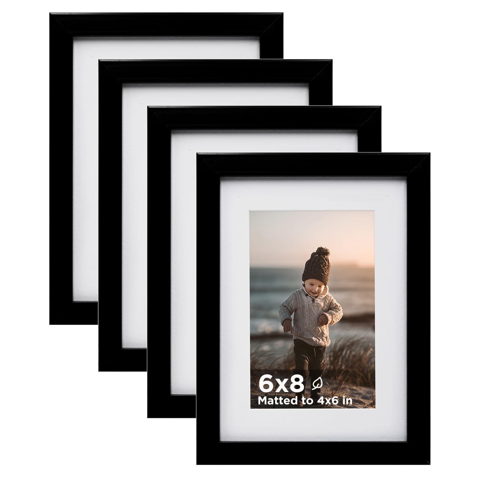 Photo 1 of KINLINK 6x8 Picture Frame Black Set of 4, Wooden Photo Frames Matted 4x6 with Plexiglass for 4x6 with Mat or 6x8 without Mat for Table and Wall Display