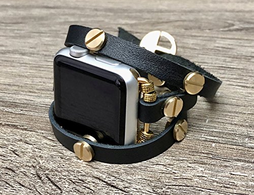 Black Leather Bracelet For Apple Watch Series 1 2 & 3 Handmade Multi Wrap Accessory Apple Watch Band With Gold Metal Jewelry Rivets & Connectors Unique Fashion Strap Wristband