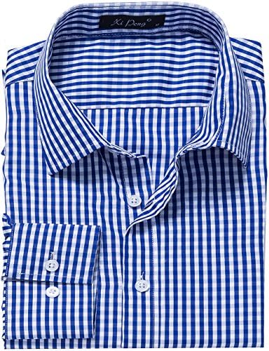XI PENG Men's Western Plaid Checkered Fitted Button up Long Sleeve Dress Shirts (XX-Large, Blue)