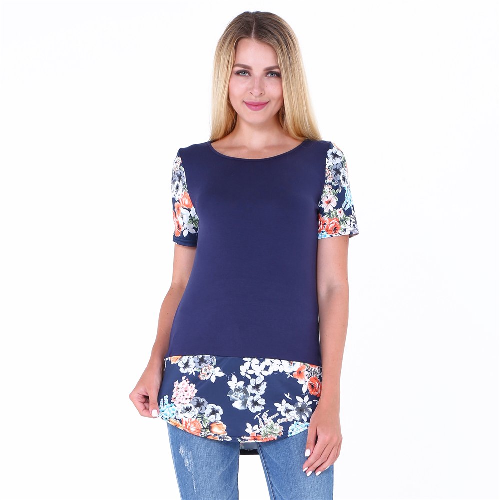 Pullover Casual Tees T-Shirt Floral Printed Tunic Tank Tops for Women Navy Blue Plus Size