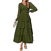 BerryGo Womens Flowy Maxi Dress Chiffon Long Sleeve Slit V Neck Casual Ruffle Tiered Boho Fall Wedding Guest Long Dress