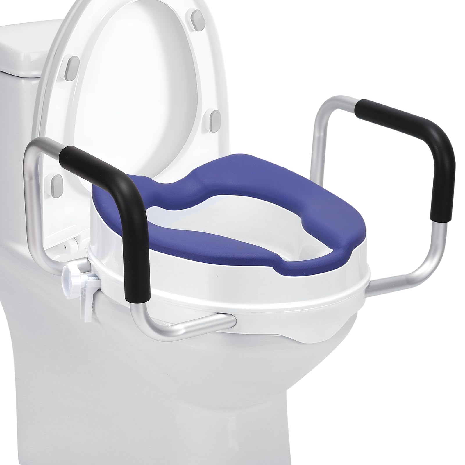 Photo 1 of Raised Toilet Seat with Handles, 4'' Toilet Seat Riser for Seniors with TPR Padded and Aluminum Arms, Toilet Safety Riser for Most Toilet (Blue)