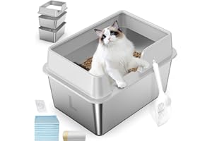 ZUQQONY Stainless Steel Cat Litter Box with Lid, L High Sided Metal Sifting Litter Box for Pine Pellets, Enclosed Sifting Box for Small Cats, Anti-Leakage, Easy Clean, Include Scoop, Liner, Pee Pad and Hook