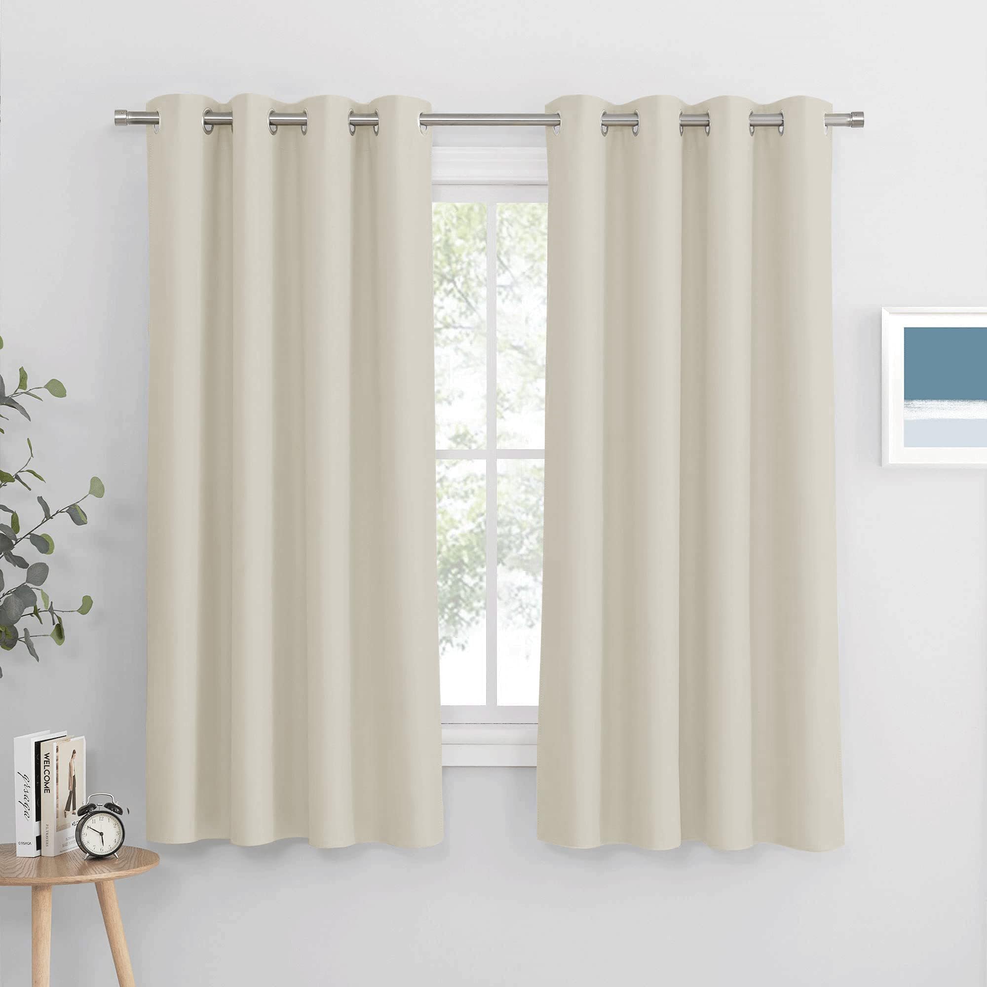PONY DANCE Beige Thermal Insulated Curtains with Eyelet - Short Energy Saving Window Treatment for Home Decor Cream Privacy Protected Drapes for Kitchen/Cafe/Caravan, 52 x 63 Inches, 2 Panels