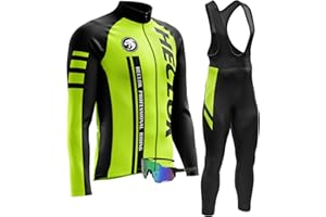 HECLOK Men Cycling Jersey Set Long Sleeve Pro Cycling Clothes + Bib Pants with 9D Gel Padded ＋Cycling Windproof Goggles