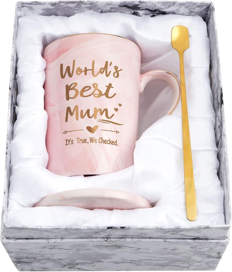 Joymaking World's Best Mum Pink Marble Ceramic Coffee Cup 14Oz Gift