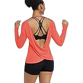 Muzniuer Women's Long Sleeve Workout Shirts Backless Yoga Shirts Cross Back Open Shirt