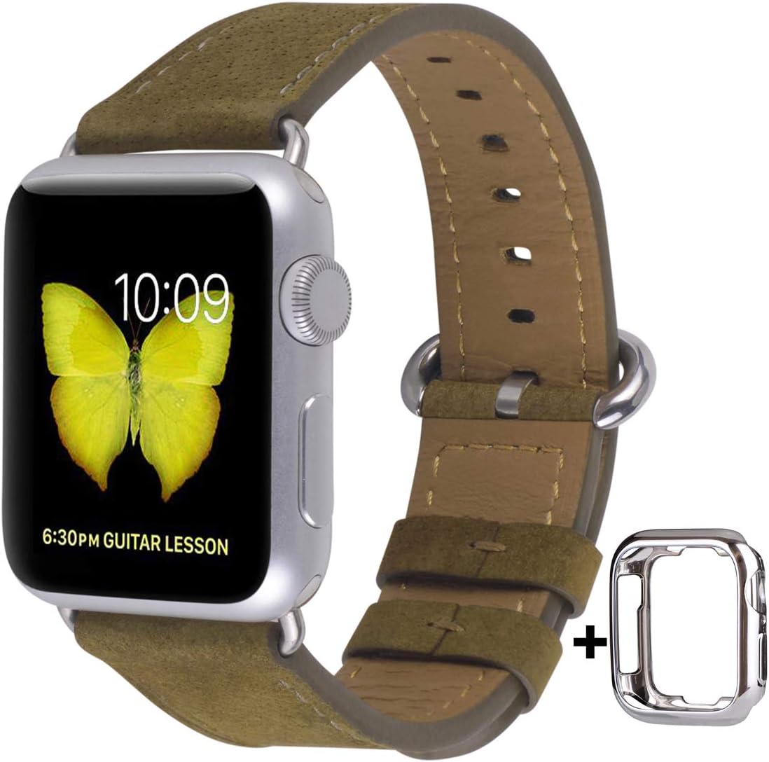 JSGJMY Compatible with Apple Watch Band 38mm 40mm 42mm 44mm Women Men Genuine Leather Replacement Strap for iWatch Series 5 4 3 2 1 (Brown Green with Silver Clasp, 38mm/40mm S/M)