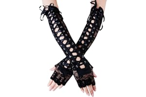 JISEN Womens Fingerless Gloves Elbow Lace Up steampunk Costume Arm Warmer