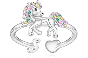 EXQUJEW Unicorn Initial Rings for Teen Girls, Rose Gold/White Gold Plated Heart Initial Rings for Girls Adjustable Stackable Rings for Women Diny Heart Ring for Teen Girls Gifts Unicorns Gifts for Girls