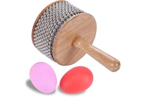 Wooden Cabasa Hand Percussion Instruments with 2 Egg Shakers, Metal Beads Latin Classical Percussion (Diameter 11.5 cm)