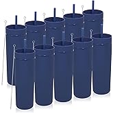 Volhoply 20oz Plastic Skinny Tumblers Bulk 10 Pack,Double Wall Tumbler with Lid and Straw,BPA Free Matte Acrylic Iced Coffee Cups With Straw,Reusable Travel Cute Mug for Party,DIY Gift(Navy, 10 Set)