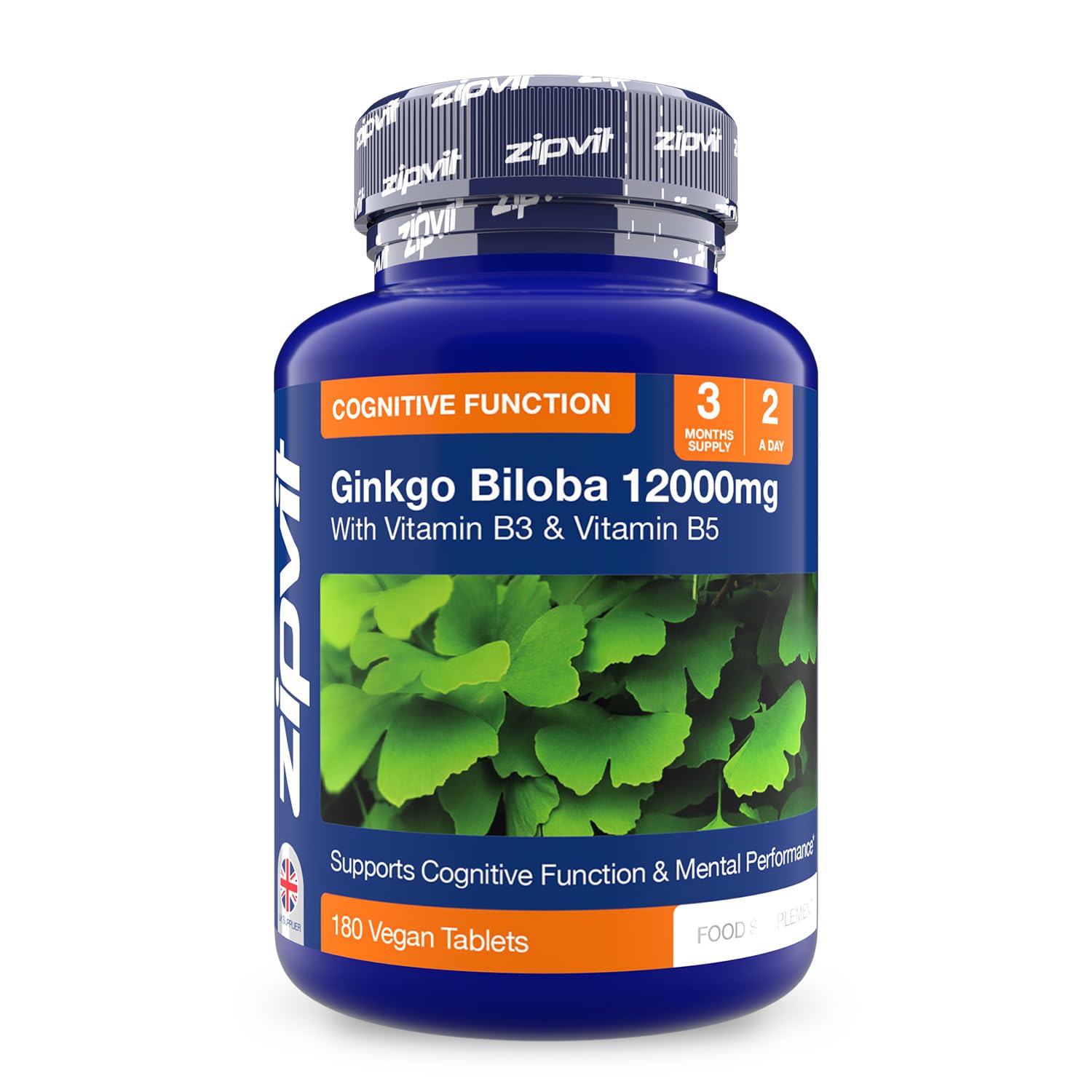Zipvit Ginkgo Biloba High Strength 12000mg with Vitamins B3 & B5, Supports Mental Performance, 180 Vegan Ginkgo Biloba Tablets, 3 Months Supply