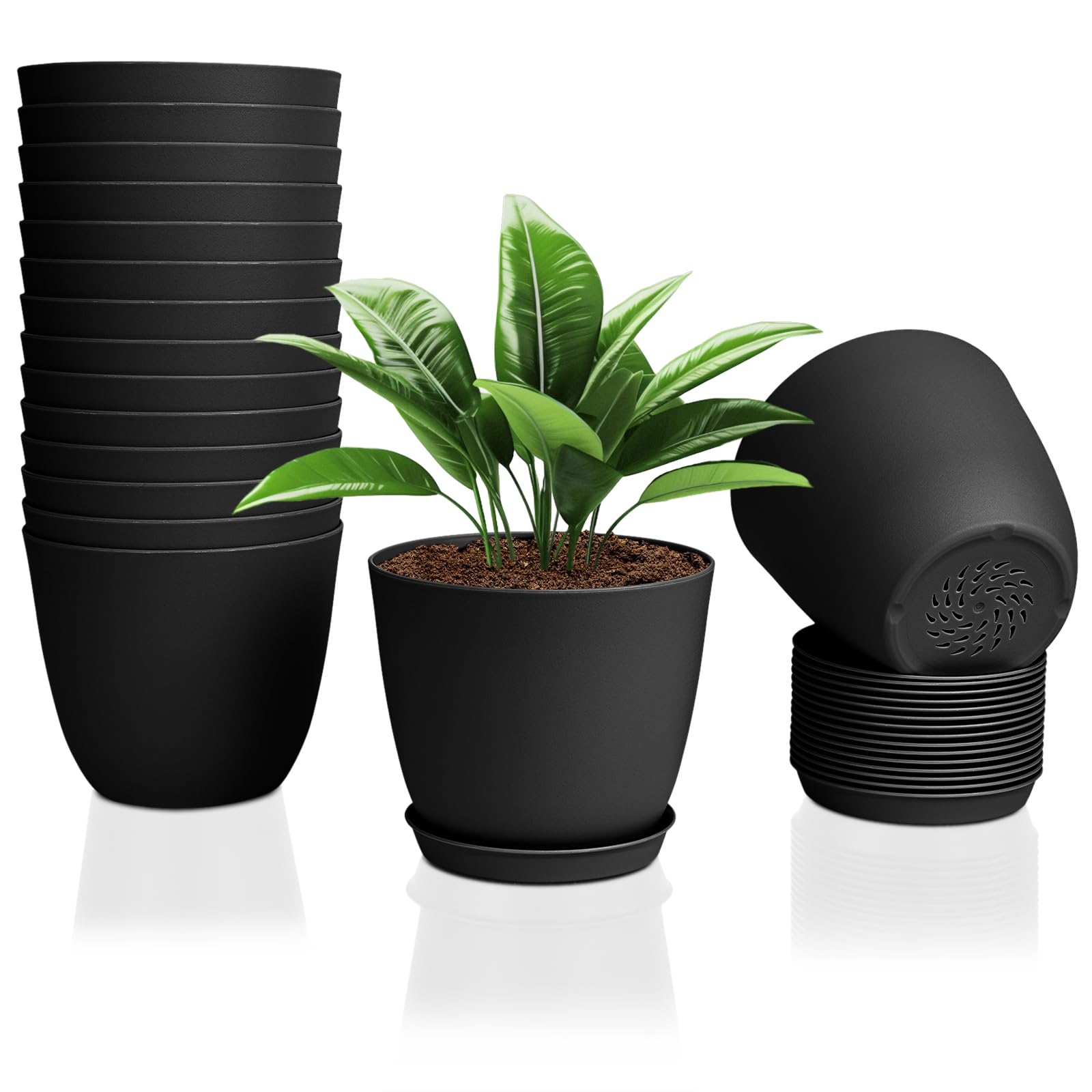FORAGIFT 16 Pack 15cm Plastic Plant Pots for Indoor Flower Pots, Heavy Duty and Stylish Plant Pots for Indoor Plants with Drainage Holes and Tray for Plants, Flowers, Black