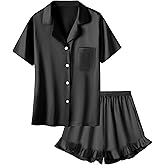 Umeyda Girls & Women Satin Pajamas Set Button Down 2 Piece Silk Pjs Shorts Set Ruffle Sleepwear, 5 Years-Women L