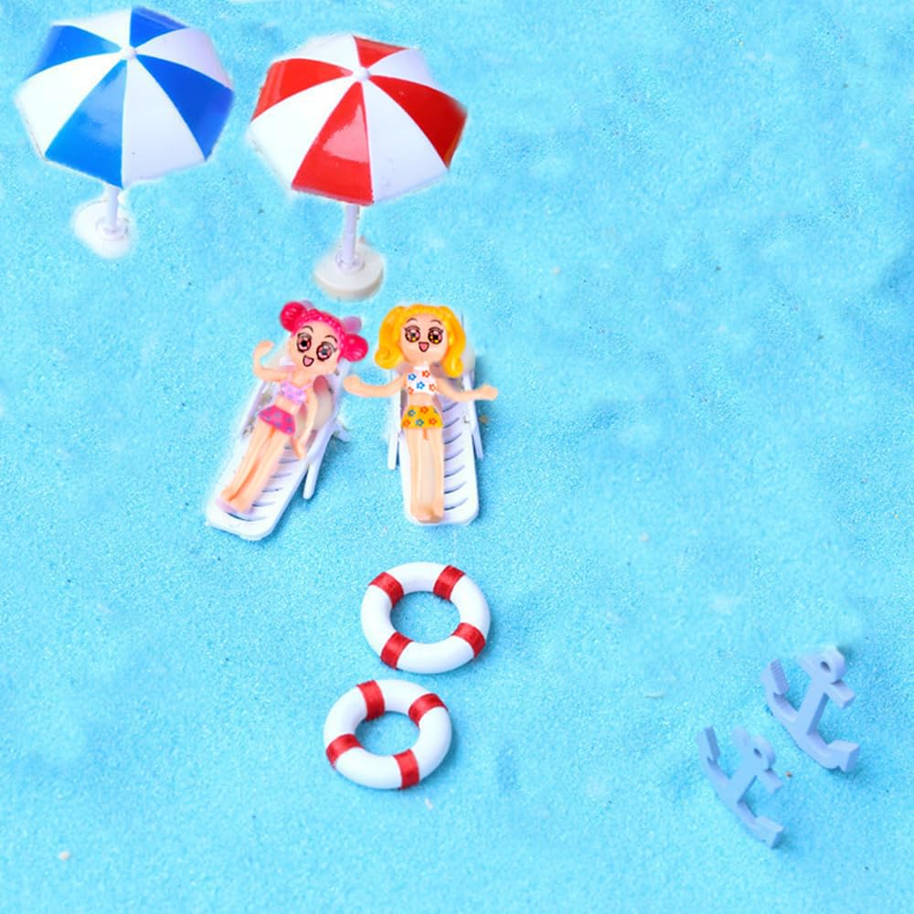 zalati Simulation Beach Doll Set Miniature Swimming Ring Beach Chairs Umbrella Sand Anchor for Dollhouse Landscape Making