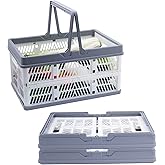 3 Pack Collapsible Storage Crates with Handles, Stackable Folding Storage Crate Plastic Shopping Baskets for Kitchen Bathroom