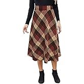 HERBATOMIA Women’s Midi Plaid Skirt High Elastic Waist A-line Vintage Flowy Winter Warm Long Skirts for Women with Pocket