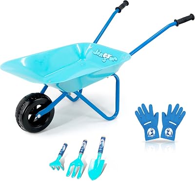 Colwelt Kids Metal Wheelbarrow 5Pcs Garden Set Blue with Shovel Rake Fork Gloves