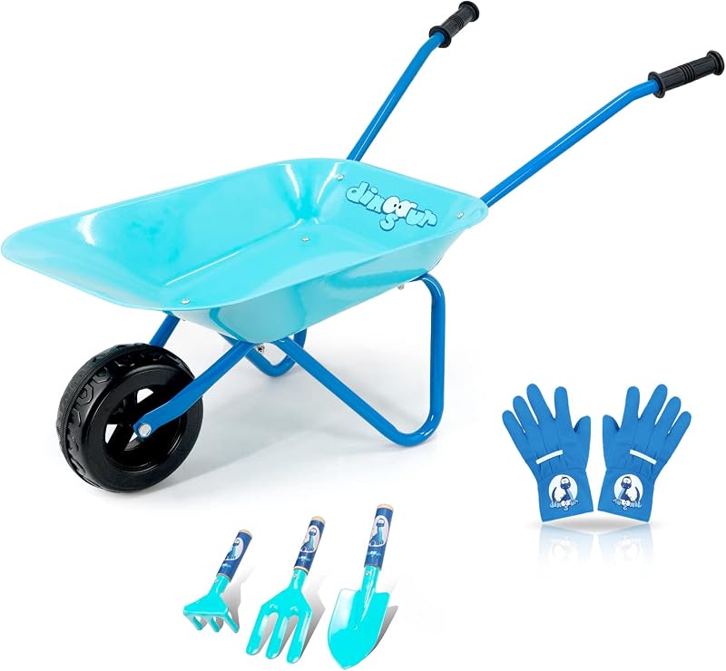 Colwelt Kids Metal Wheelbarrow 5Pcs Garden Set Blue with Shovel Rake Fork Gloves