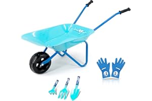 Colwelt Kids Wheelbarrow 5Pcs, Steel Wheelbarrow for Kids with Kids Gardening Tools and Kids Gloves(Blue), Gardening Tools for Kids