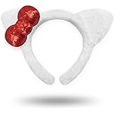 Taranovi White Cat Ears Headband - Hair Accessories with Sparkle Red Bow for Adult Women Halloween Costume Party
