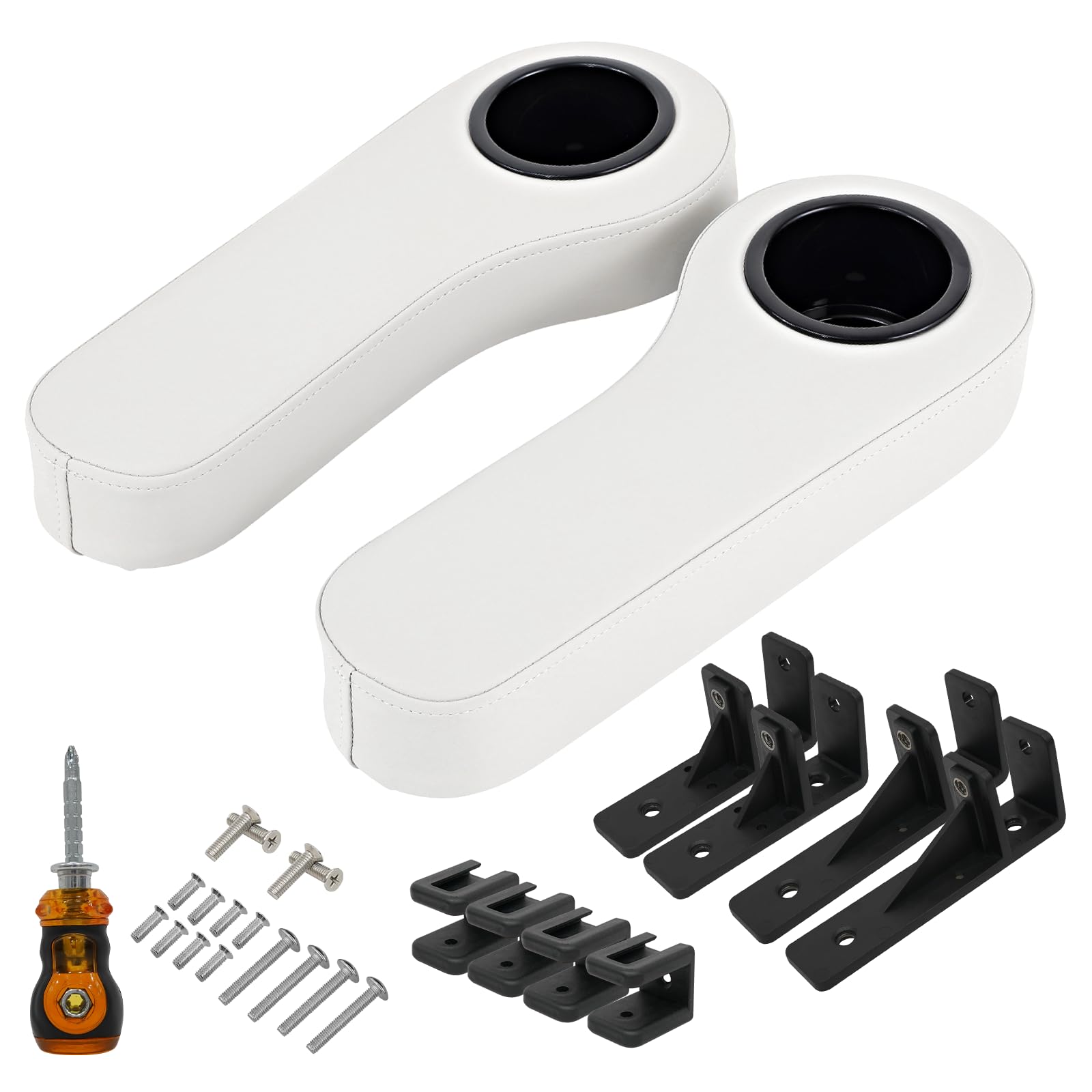 Photo 1 of HANGKUNNEE Golf Cart Armrest with Cup Holder White for Club Car, EZGO, Yamaha, No Drilling Required Golf Cart Armrest Kits for Rear Seat with 1inch and 0.78 inch Square Tube Frame