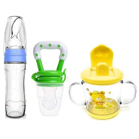 Manan Shopee Baby Cerelac Rice Paste Food Feeder with Baby Fruit Nibbler & Spout Sipper (Combo) (Blue/Green/Yellow)