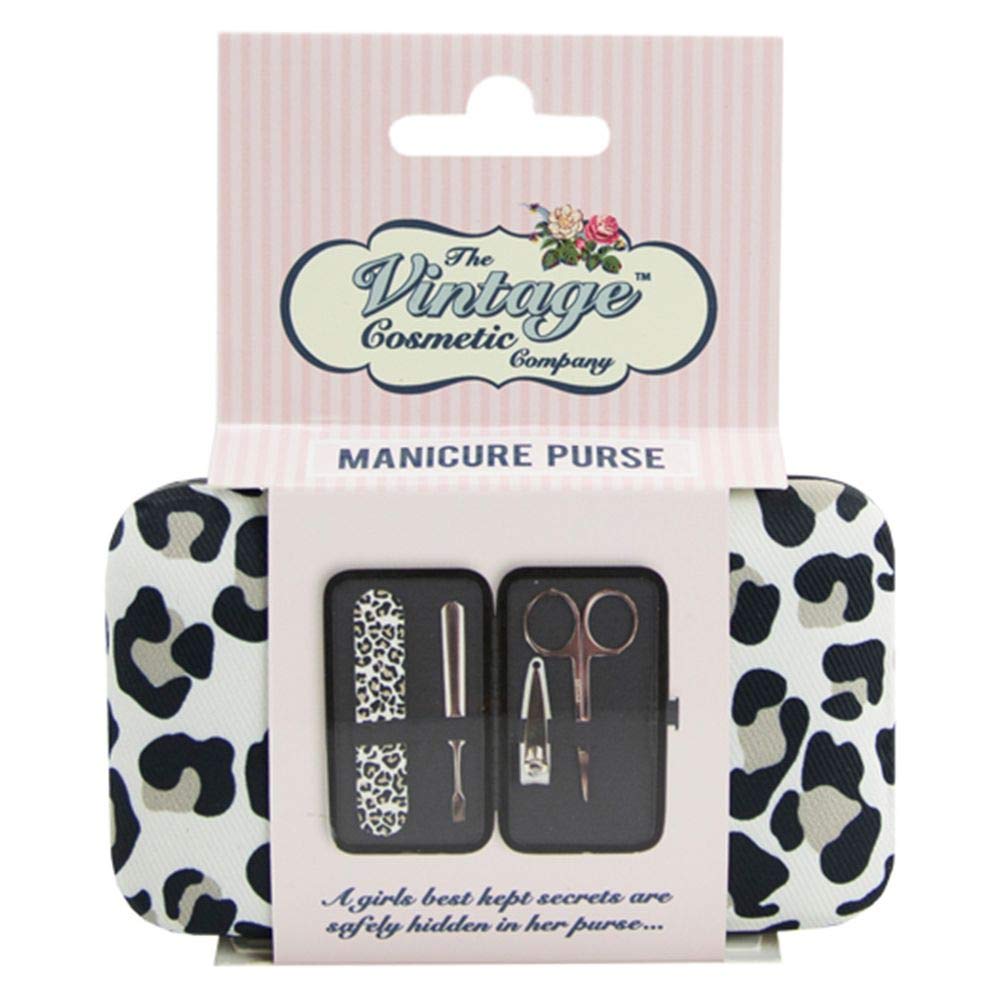 The Vintage Cosmetic Company Manicure Purse, 4 Nail Manicure Set Tools, Stainless Steel Nail Scissors, Nail Clippers, Cuticle Pusher, Nail File Emery Board, Leopard Print Design