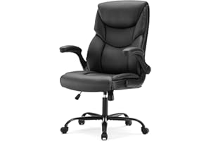 Sweetcrispy Ergonomic Computer Gaming Office Chair, Heavy Duty Task Desk Swivel Rolling Chairs with Wheels, Flip-up Arms, Adjustable Height, PU Leather, Black