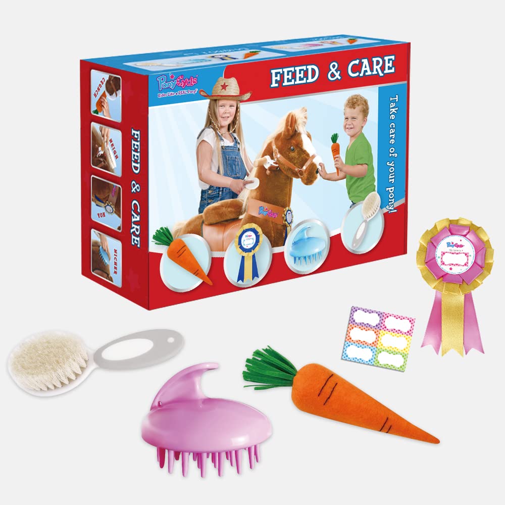 PonyCycle Unicorn Horse Toys Grooming Kit, Feed & Care, 5 Piece Assortment. Groming Brush, Pet Brush, Carrot, Sticker, Name Tag Perfect Pony Toys Gifts for Girls Kids - Fit for Model U and Model K
