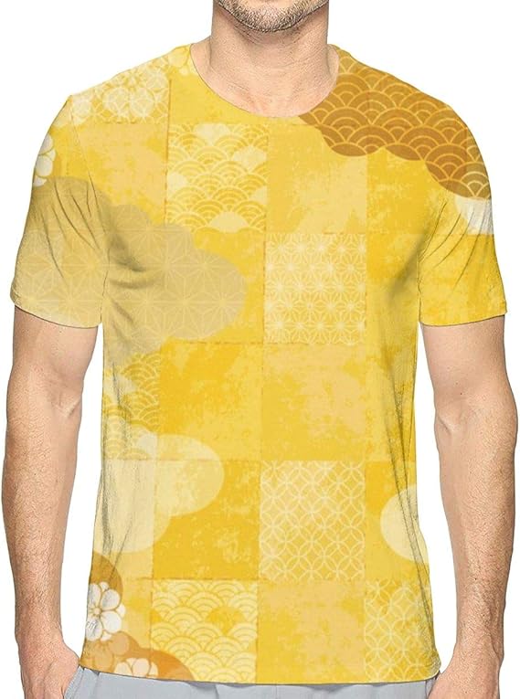 Amazon Co Jp Tシャツ 和風 花柄 青海波文 金色 メンズ 半袖 服 メンズ 夏 カジュアル ファッション 丸襟 柔らかい 快適 服 ファッション小物